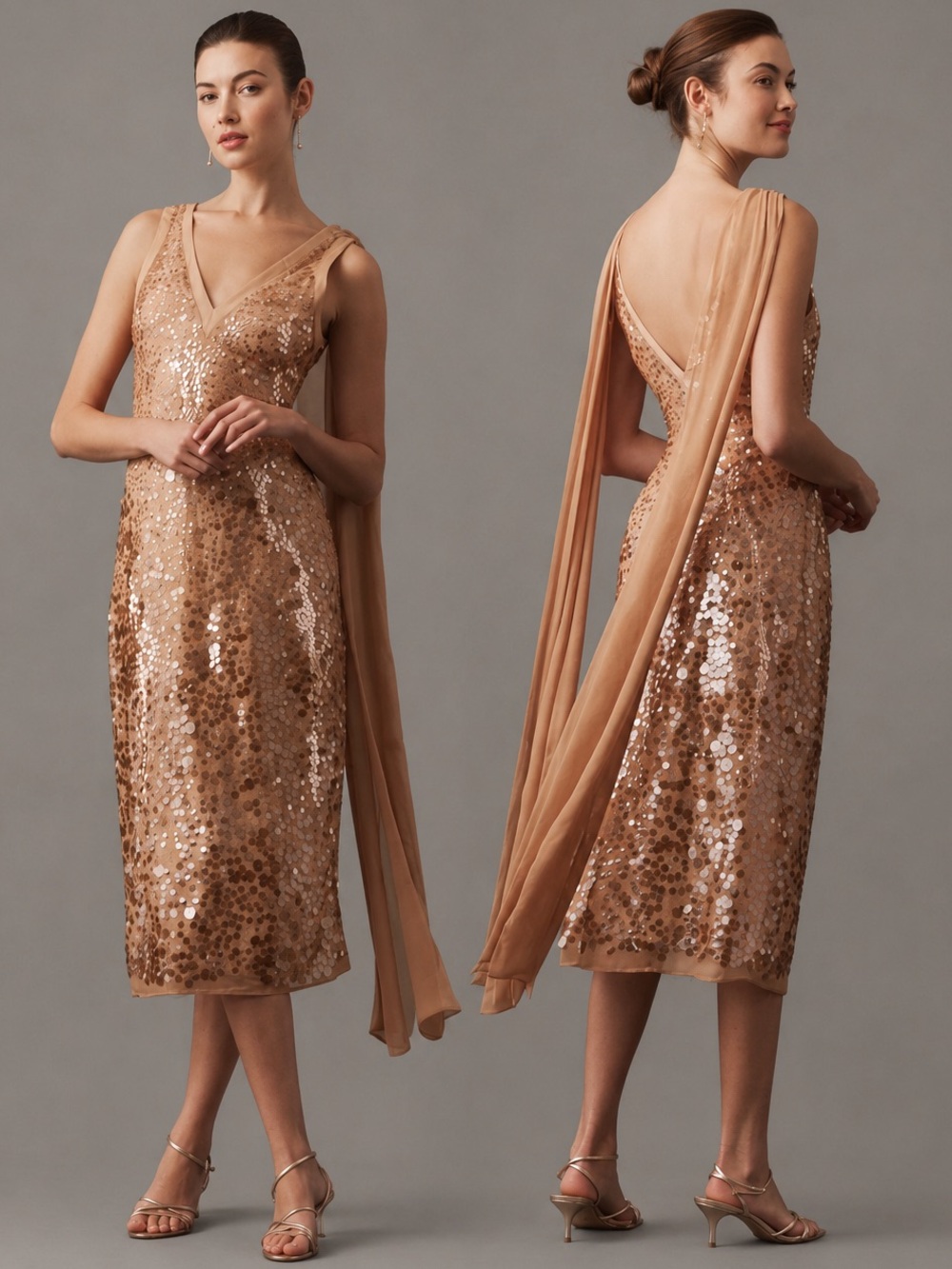BHLDN Bella Rose Gold Sequin Cape Midi Dress Plunge Neck Formal XS